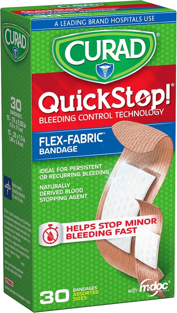 CURAD QuickStop Bleeding Control Flexible Fabric Bandages, Asported Sizes, 30 Count