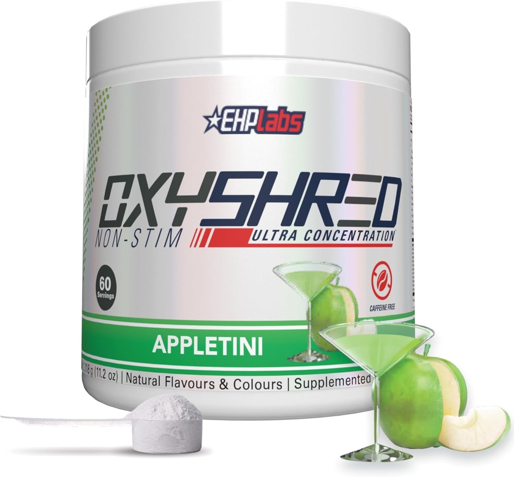 EHP Labs OxyShred Non Stimulant Pre Workout - Stim Free Pre Workout, Caffeine Free Prescraining for Men & Women with L Glutamine & Acetyl Carnitine - Apple, 60 Servings