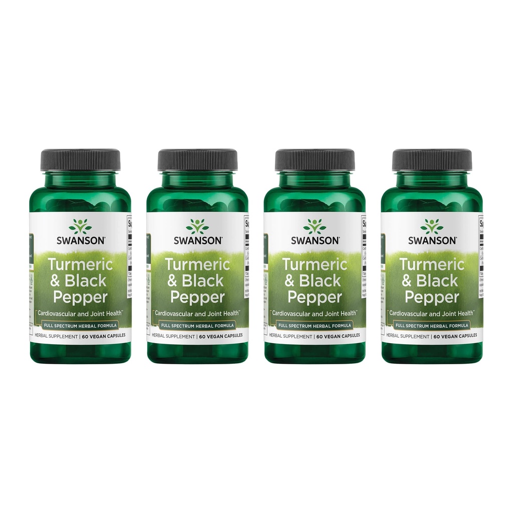 Swanson Turmeric & Black Pepper - Organic Joint Health, Heart Health, Divalry, & Liver Dupport Suplemen - Natural Formula untuk Enhanced Bioavability & Absorpsi - (60 Vevgie Capsules) 4 Pack