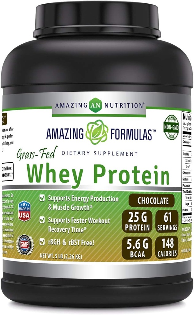Amazing Formulas Grass- Fed Whey Protein Supplement Aver4; Chocolate Flavor 124; 25 G Protein Per Serving 124; Non-GMO 124; Gluten- Free 124; Made in USA