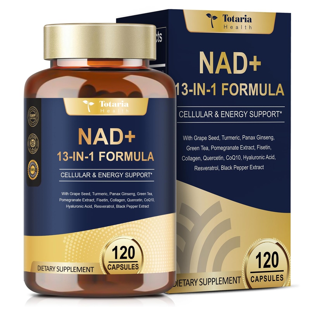 Totaria NAD Suplemen Perempuan Pria dengan nikotinamide riboside resveratrol, Quercetin, Betaine Boost NAD + Tingkat NAD Plus Tambahan untuk Anti Aging, Energi, Imune, Fokus 120 Kapsul