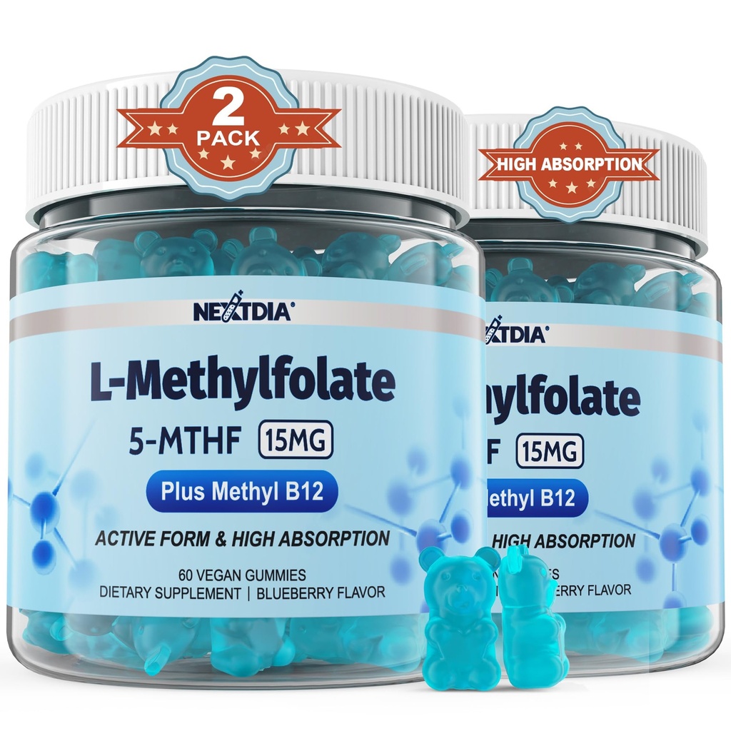 L-MethylFolate 15mg & MethyB12 Gummies, Methysteine Levels, B2, B6 Multivitamin - Aktif 5-MTHF & Tinggi Absorpsi - Mendukung MTHFR Gene, Kognition, Homocysteine Levels, Felolate Metabolisme, Vegan, 120 Cts