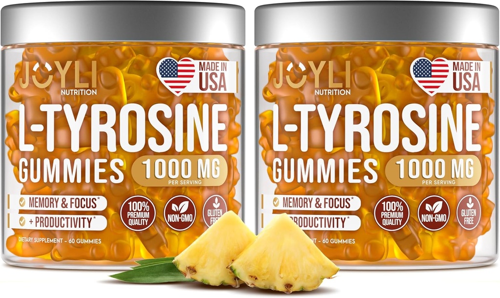 2 Paket - JOYLILL-Tyrosine Gummies - Sugar- Free Vegan Community Suplement & Mood Dukungan untuk Anak-anak & Dewasa - 500mg Per Gummy - Tidur Gummies untuk Memori, Energi & Wellness - 60 Pcs per Pack