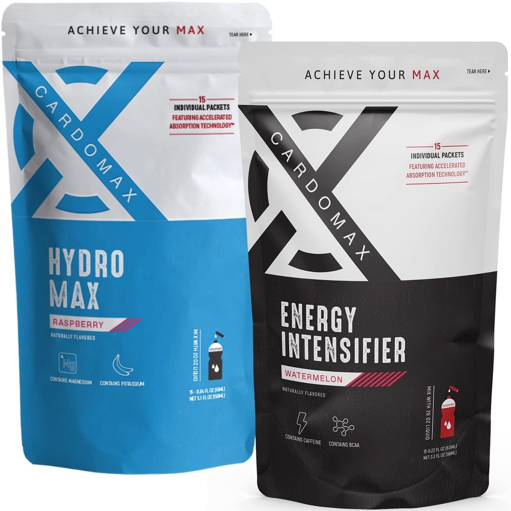 Cardomax - Energy Intensifier (Watermelon) & Hydromax Liquid Hydration (Raspberry) 30 Packet Bundle