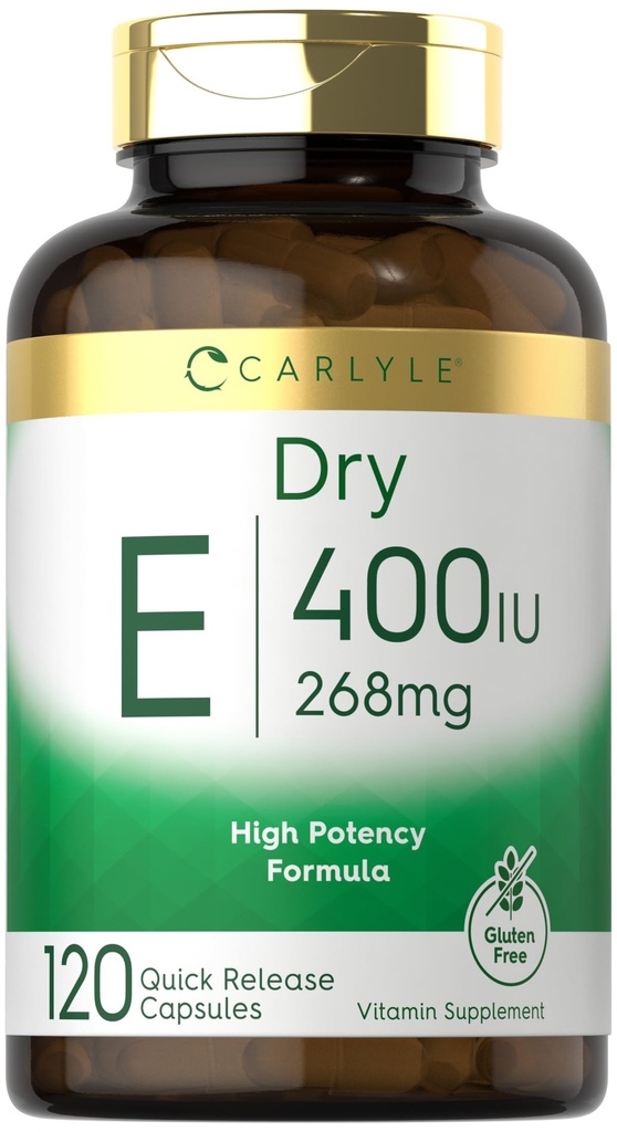 Carlyle Dry Vitamin E 144; 400 IU (268mg) 124; 120 Capsules 12.4; Potensi Tinggi Formula 14la; Non-GMO dan Gluten Bebas