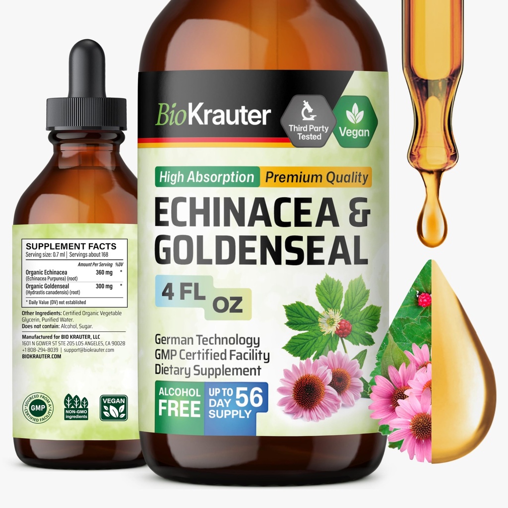 BIO KRAUTER Echinacea dan Goldenseal Root Liquid Extract - Natural Ammune Support - Echinacea Drops with Goldenseal - Vegan, Alkohol & Gula Free Tincture - 4 Fl.Oz.