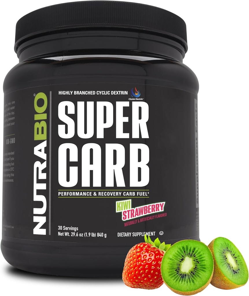 NutraBio Super Carb, Powder Carbohydrate dengan Cluster Dextrin & Electrytes, Application Carb Advanced untuk Bahan Bakar Kerja, Performance, dan Pemulihan Muscle, Cyclic Dextrin, Kiwi Strawberry, 30 Sv
