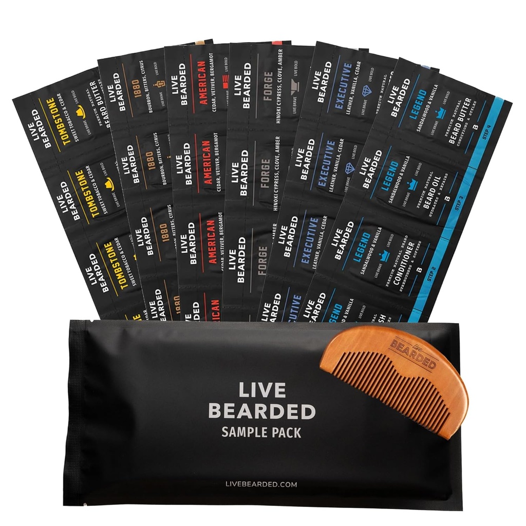 Live Bearded Oil and Butter Grooming Kit Sample Pack with Comb, Bonus Gift-All- Natural Ingreations Shea, Argan, Jojoba - Growth Support