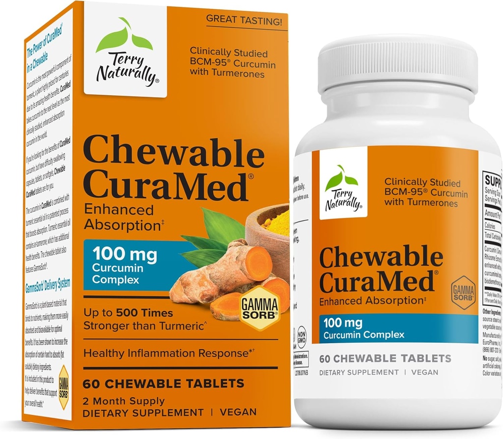 Terry Alammed CuraMed 100 mg Curcumin Complex - Enhanced Absorpsi Curcumin Suplemen dengan Turmeric - Brain & Liver Health Supplemen Kesehatan - Vegan Dietary Suppplemen - 60 Chewable Tablet