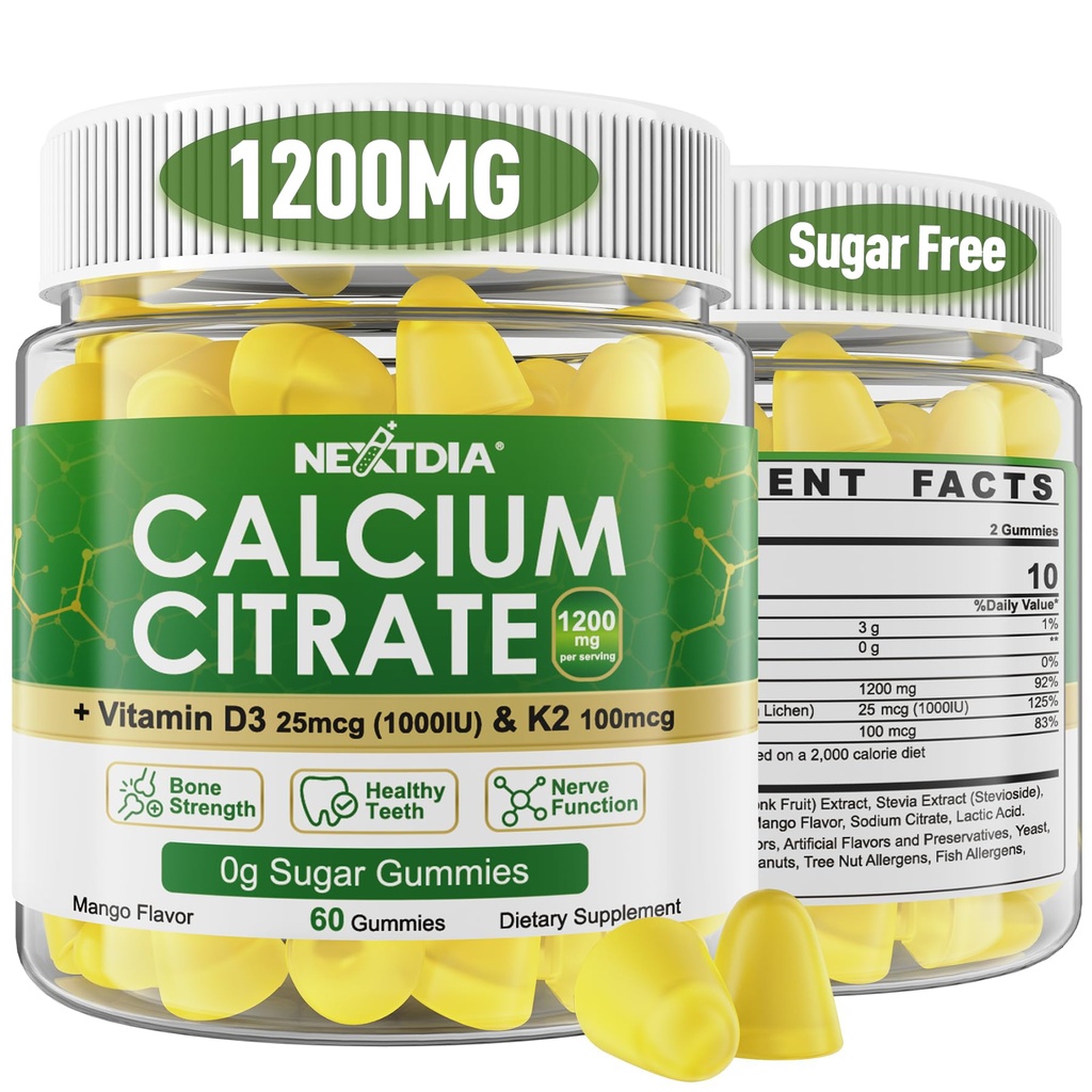 Calcium Citrate Gummies 1200 mg dengan Vitamin D3 K2, Suplemen Kalsium Chewable untuk Perempuan & Men, Potensi Tinggi Dukungan B0ne, Te * th, Kekuatan & Imune Kesehatan, Mango Flavor, Non-GMO, Sugar Free, 120 Cts