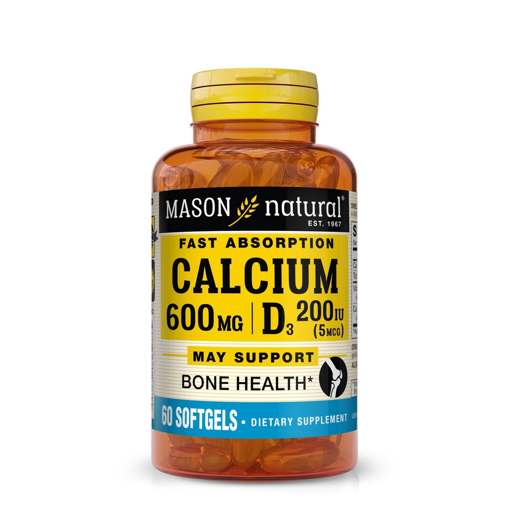 MASON NATURAL Cepat Absorpsi Kalsium dengan Vitamin D3 - Strengthens Fungsi Otot, Mendukung Healthy Bones dan Overall Health, 60 Softgels