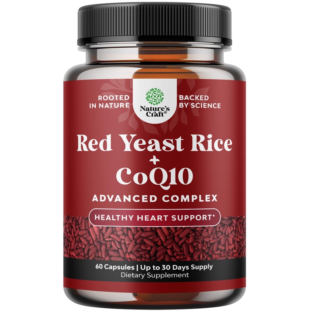 Red Yeast Rice dengan Suplemen CoQ10 - Advanced Healthy Heart & Healthy Cholesterol Levels Formula untuk Pria & Women - Extra Power Capsule dengan Red Yeast Rice 1200 mg Capsules dengan CoQ1060 Count