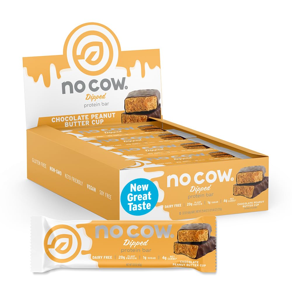 Tidak ada Cow Vegan Protein Bars, Upgraded Peanut Butter Cup 124g Tanaman berbasis Protein, Gluten Free, Dairy Free, Soy Free, Keto Friendly, Low Sugar, High Fiber Snack Bars 124; Paket 12