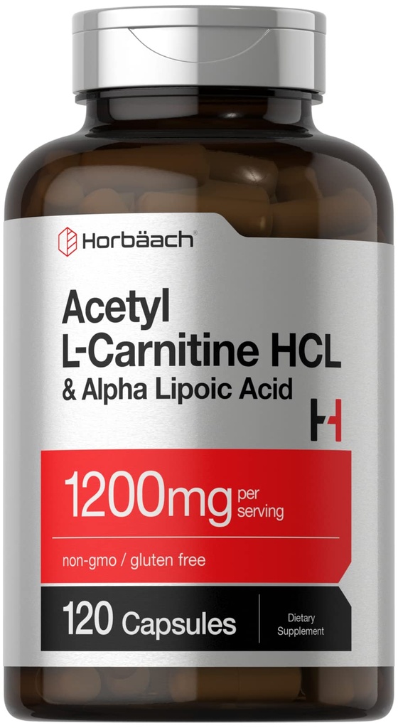 Horbäach Acetyl L Carnitine HCL & Alpha Lipoic Acid 1200 mg 124; 120 Capsules 14; ALC ALA Complex 124; Non-GMO & Gluten Free Suplemen