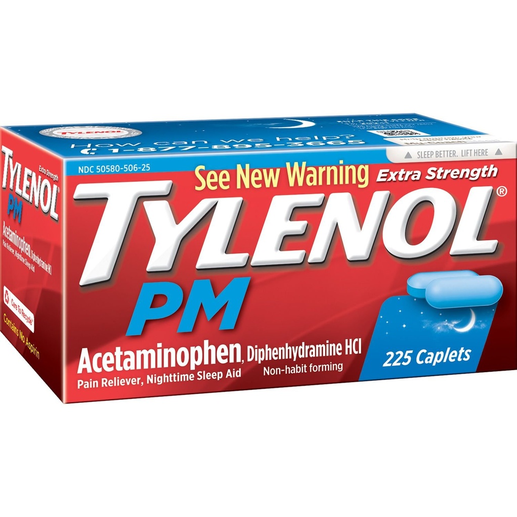 Tylenol Pm Ekstra Kekuatan Reliever Sakit + Bantuan Tidur, 225- caplet (1 Pack)