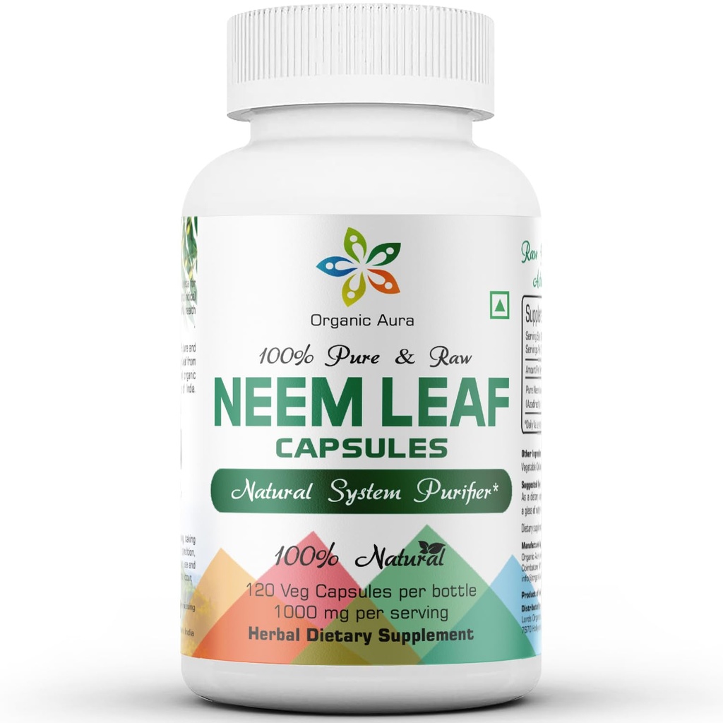 Aura Neem Kapsul Organik. 100% Murni dan Mampu. Seluruh makanan super hijau mentah. Dibuat dengan Whole Spectrum Neem Leaves. Agen Detoksifikasi Keajaiban Skin Radiant dan Imunitas.