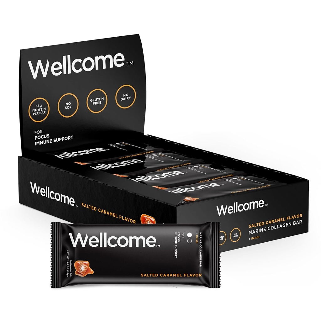 Wellcome Salted Caramel Marine Collagen Protein Bar with Reishi Mushroom for Energy and Imune Dulune - Adaptogenic Snack Bar - Daired Free Health Bar for Functional Active Lifestyle (Pack of 12)