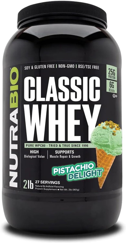 NutraBio Classic Whey Protein Powder - 25G Protein Per Scoop - Full- Spectrum Amino Acid Profile - Tidak ada Pembakar, Warna Buatan, Pengawet - (Pistachio Delight, 2 Pounds)