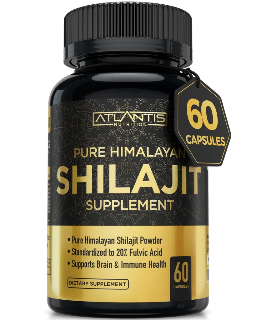 Atlantis Nutrition Himalaya Shilajit Capsules Formulasikan dengan 20% Fulvic Acid 124; 10: 1 Ekstraksi Menyediakan 10,000mg D.H.E. Amerika Serikat Membuat 124; Himalaya Shilajit Tambahan untuk Pria & Perempuan & 44; 60 Kapsul