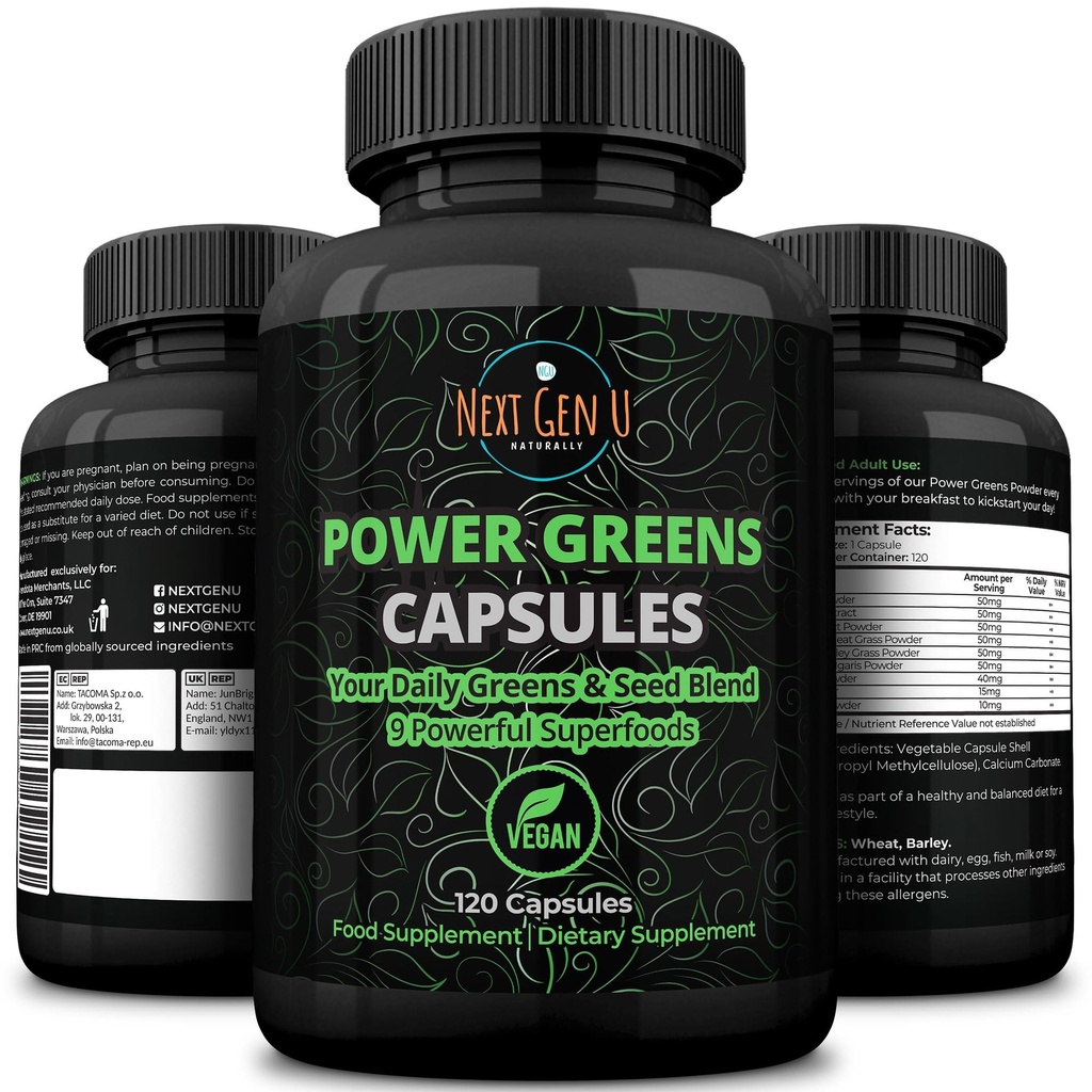 Super Greens - Imune System Support - 500 mg 120 Vegan Capsules - Superfoods for Daily Booster - Healthy Keto Blend with Acai, Wheatgrass, Guarana, Chlorella, Flaxseed, Matcha, Maca - by NextGenU