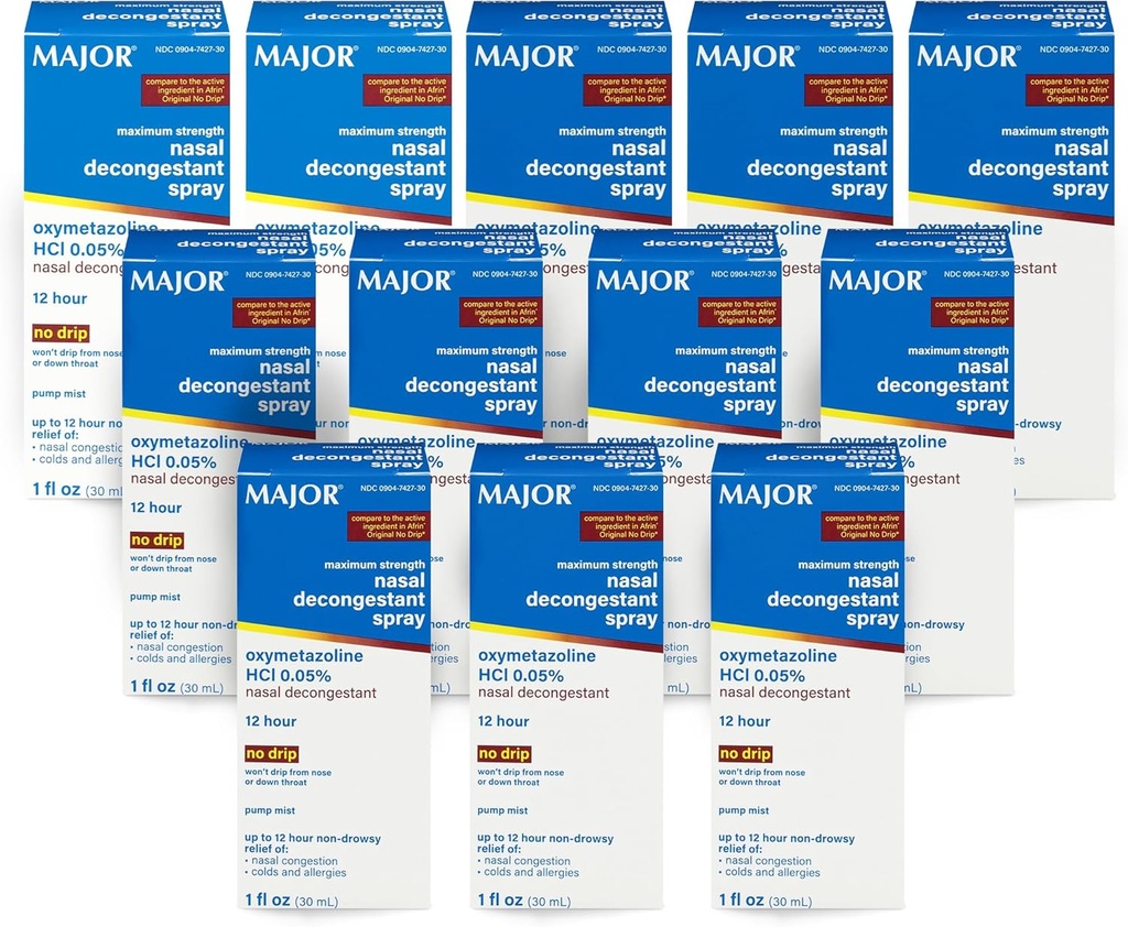 MAJOR Maximum Power Nasal Decongestant Spray, Oxymetazooline HCl 0.05% Pompa Mist, Non-Drowsy Nasal Spray, hingga 12-Hour Relief dari Nasal Conbuffes, Colds, dan Allergies 1 Fl. Oz.