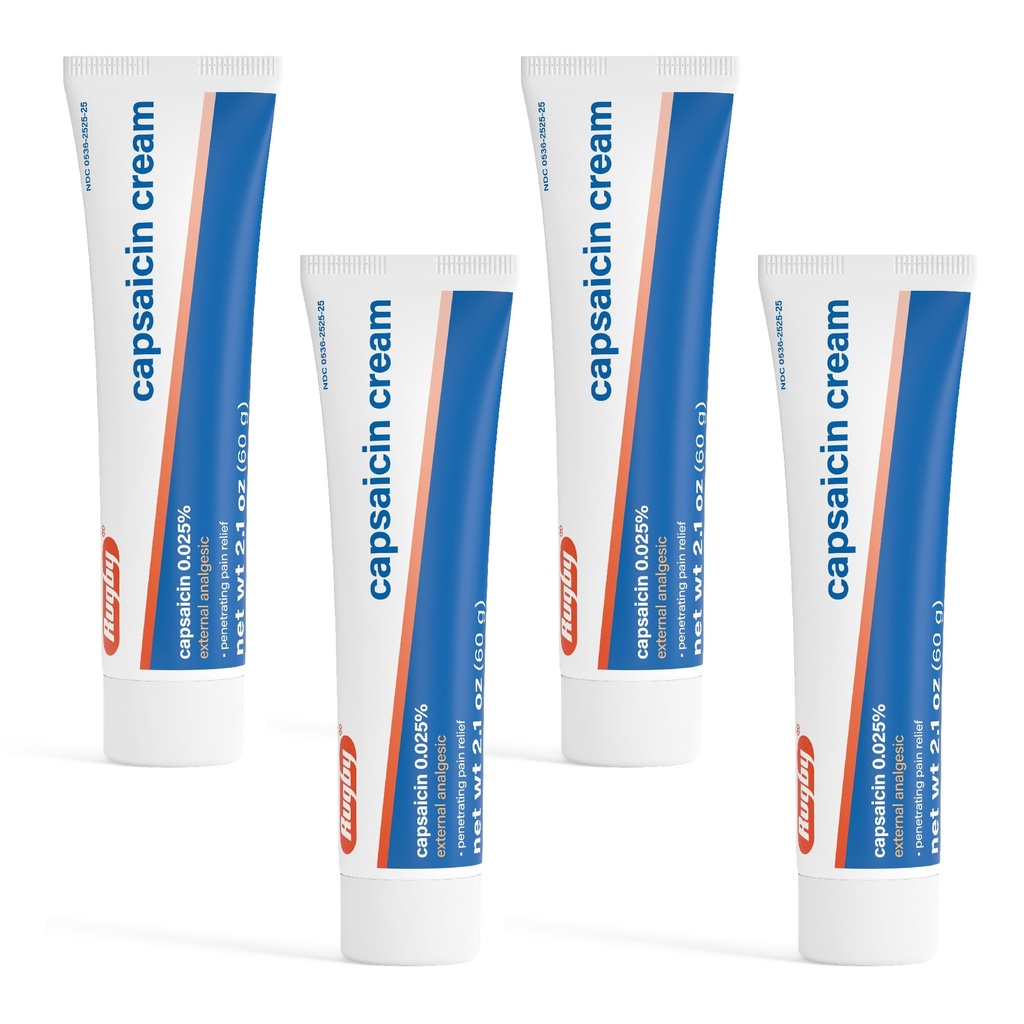 Rugby Capsaicin 0.025% Cream for Penepinging Pain Relief - 2.1 Oz (60g) (4 Pack)