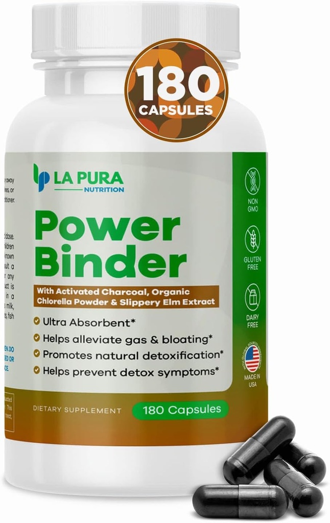 LaPura Power Binder Blend - Detox & Cleanse dengan Aktifasi Charcoal, Powder Chlorella Organik & Slippery Elm Extract - Membantu Melengkapi Gas & Bloting - Promotes Detoksifikasi Alam - 180 Capsules