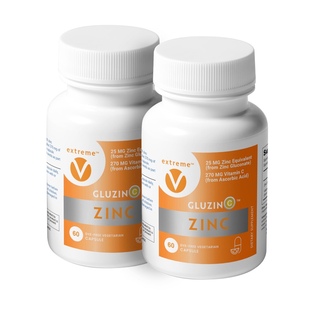 Zinc MG25 + VC Dual Pack 134; Daily Zinc Gluconate + Vitamin C 124; 25mg + 270mg 124; Clean Formula, Vegan-Friendly, (2 Botol, 120 Vegetarian Capsules)