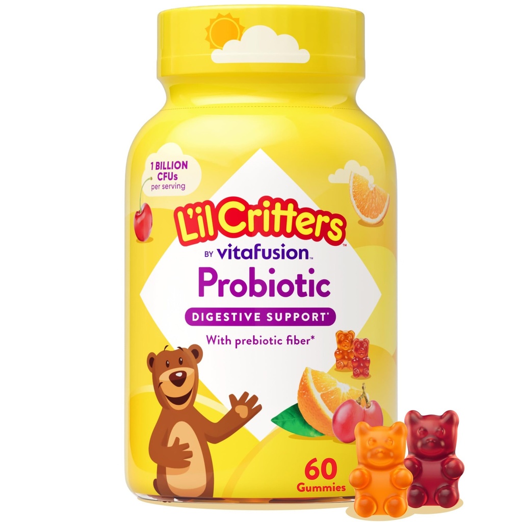 L 'il Critters Probiotic Daily Gummy Tambahan untuk Anak-anak, untuk Digetical Health Support, Grape, Cherry dan Orange Flavors, 60 Gummies
