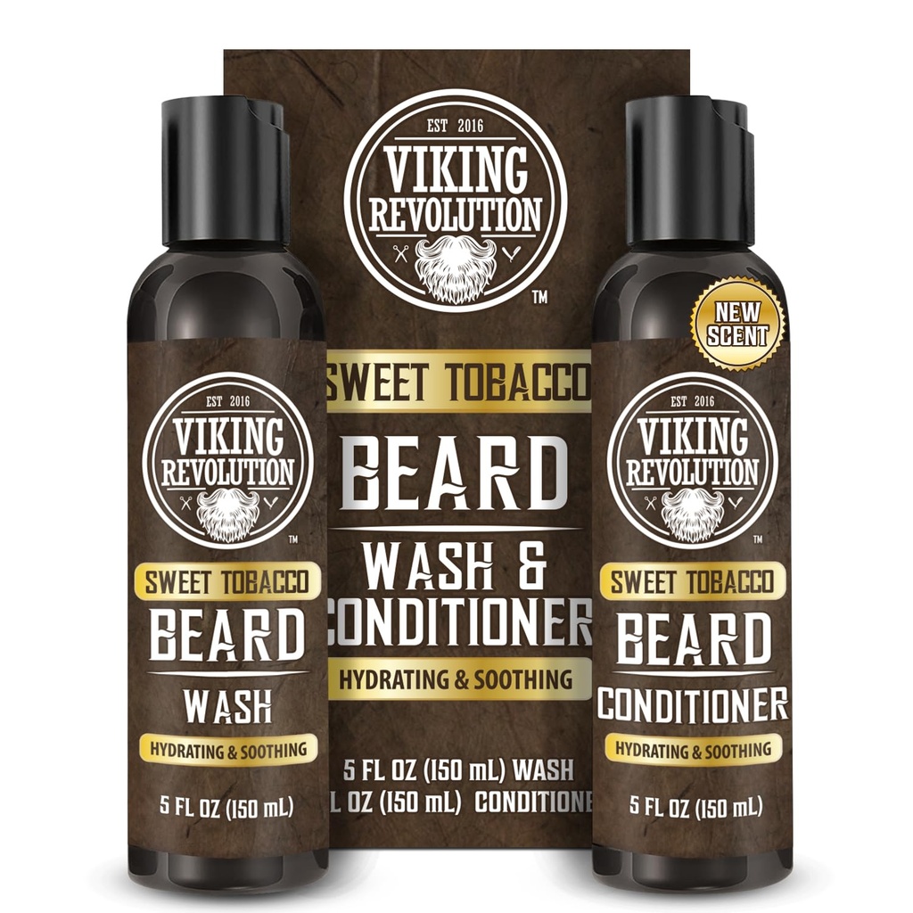 Viking Revolution Beard Wash and Beard Conditioner for Men with Argan Oil and Jojoba Oil - Beard Softtener and Strengthener Beard Care Shampers and Conditioner with Beard Oil (5oz, Sweet Tobacco)