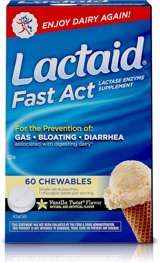 Lactaid Fast Act Laktosa Intoleransi Chewables dengan Lactase Enzymes, Vanilla Twist, 60 Pks of 1-ct.