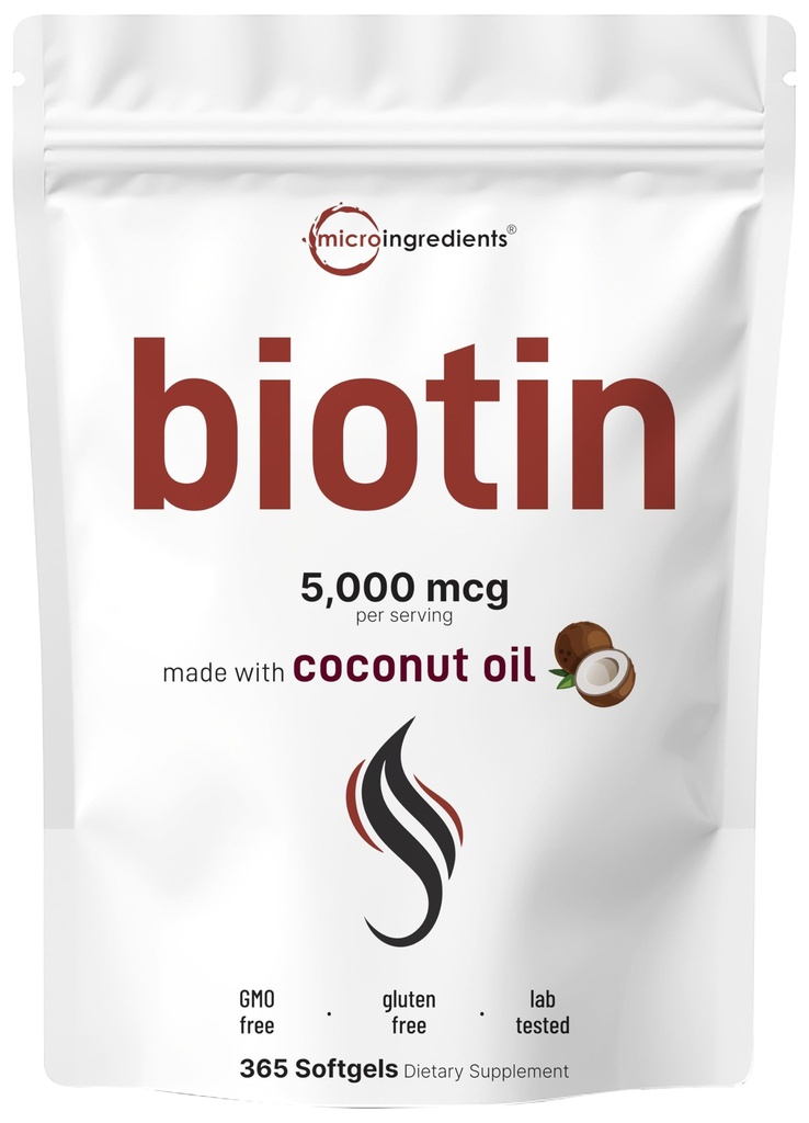 Mikro Ingrediens Biotin 50000mcg 124; 365 Virgin Coconut Oil Softgels, Fast Rilis, Satu Tahun Supply 124; Pasokan Rambut sehat, Skin, & Nails 124; Non-GMO, No Gluten