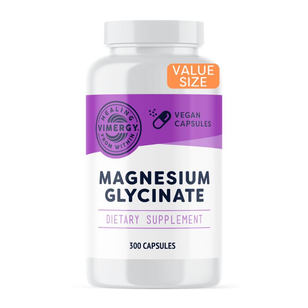 Vimergy Magnesium Glycinate - Stress Dukung - Dilengkapi untuk Hindari Upset Tummy * - Promotes Heart Health & Energy * - Kosher, Vegan Gluten- Free - 300 Caps
