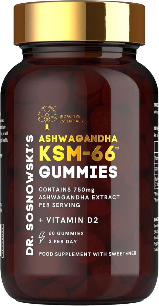 Dr Sosnowski 's BioActive KSM-66 Ashwagandha Gummies = 124; 750mg Ashwagandha Ekstrak dengan Vitamin D2 (60 Gummies)
