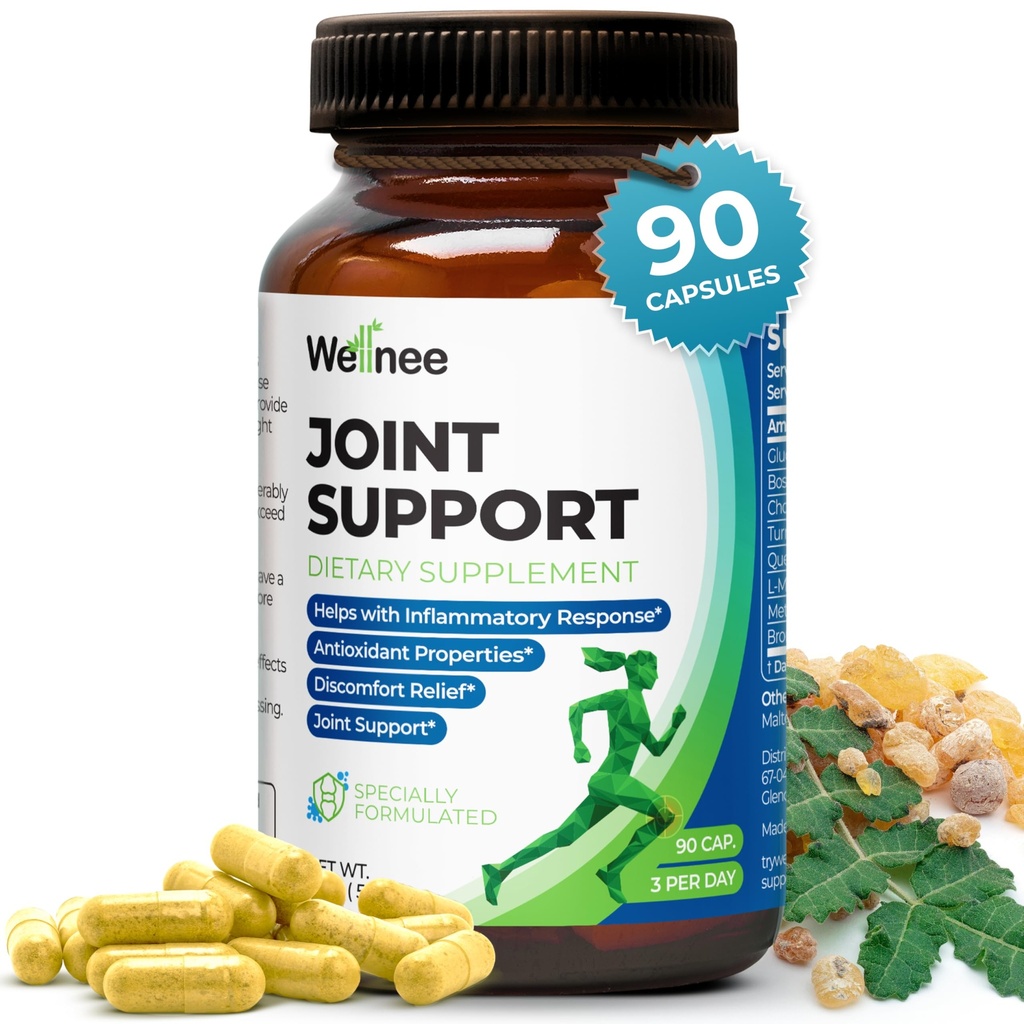 Wellnee Joint Support - Glucosamine Chondroitin MSM, Boswellia & Turmeric - Relieves Joint Discomfort & Supports Flexibility - Wellknee Joint Support - 90 Capsules, 30 Servings