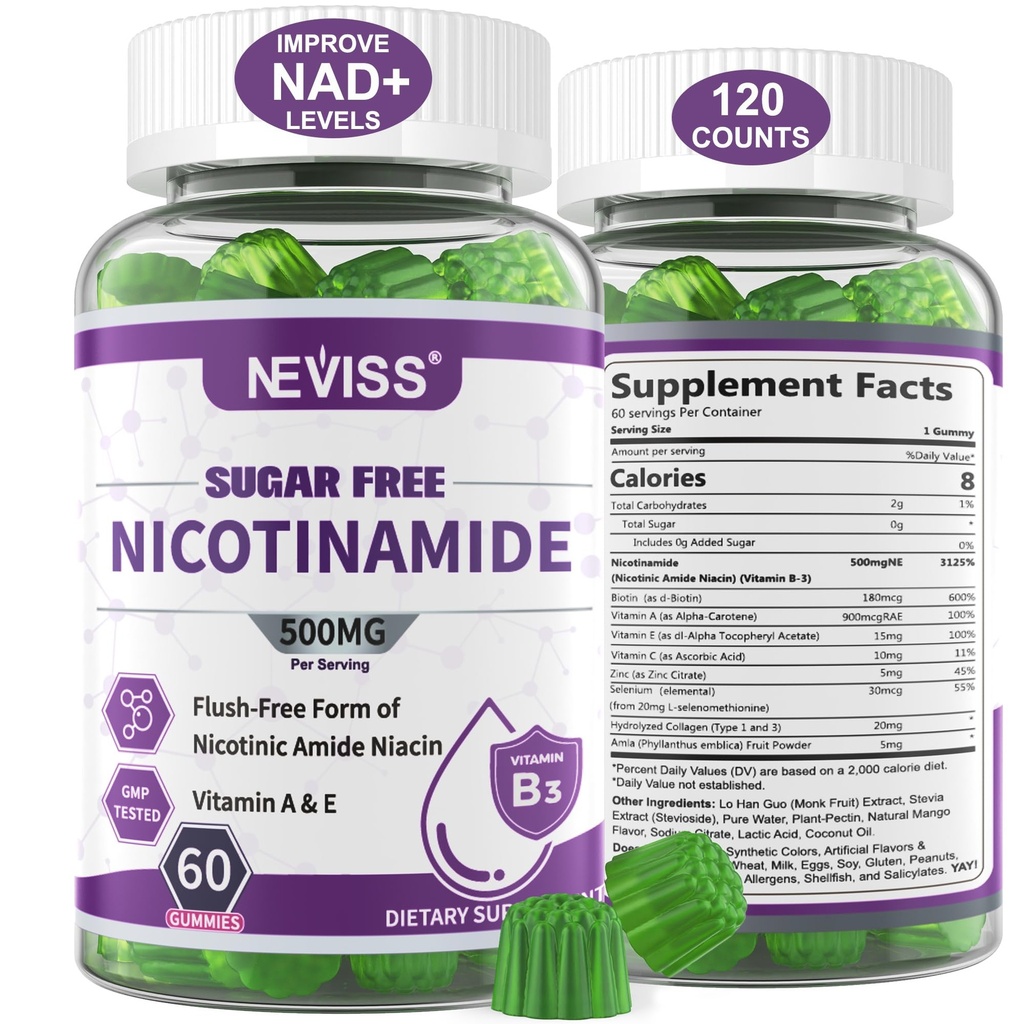 Sugar Free Nicotinamide 500mg Gummies, (Flush Free Niachin) Vitamin B3 Niacinamide Suplemen untuk Metabolisme Energi Cellular & Repair, Vitalitas, Penuaan Sehat, Cranberry Flavor, mudah Chew, 120 Cts