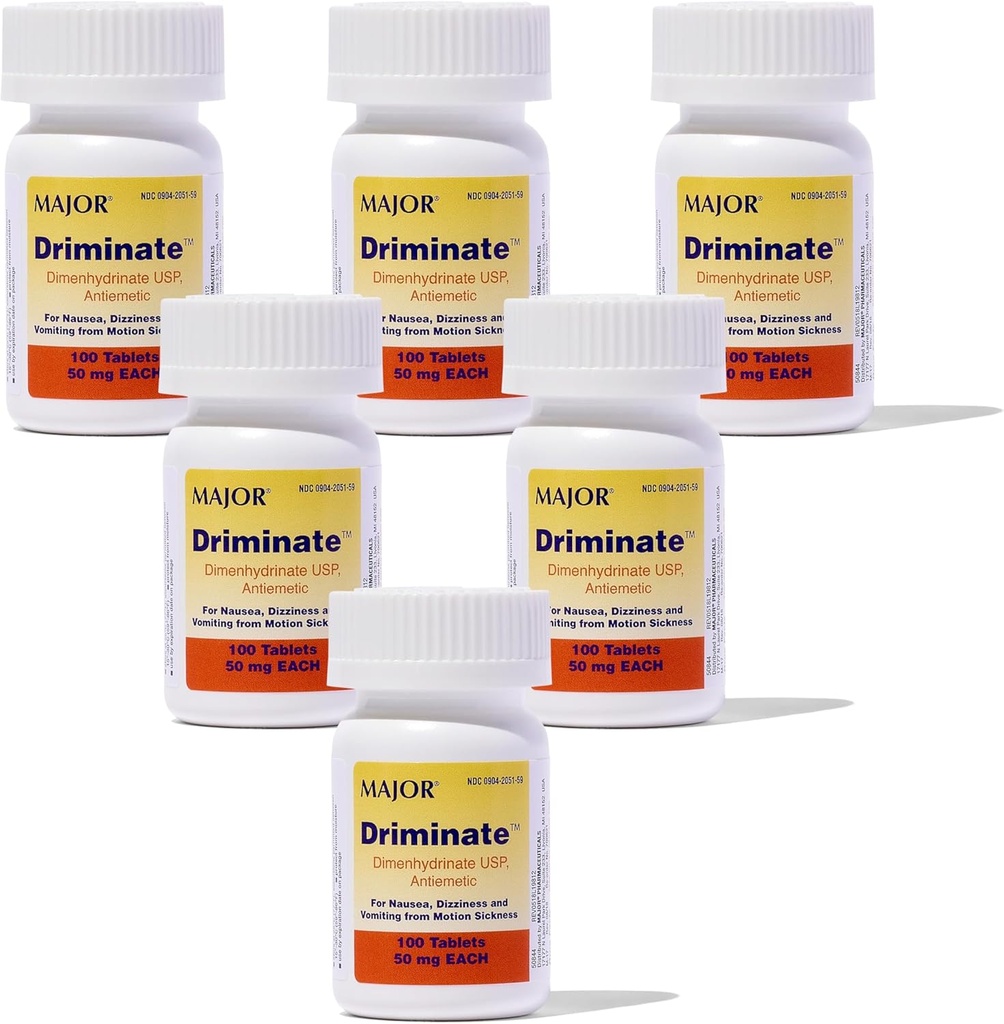 Drimination - Dimenhydrinate 50mg Motion Sickness Tablet Anti- Nausea Medicine - 100 tablet (6 Pack)