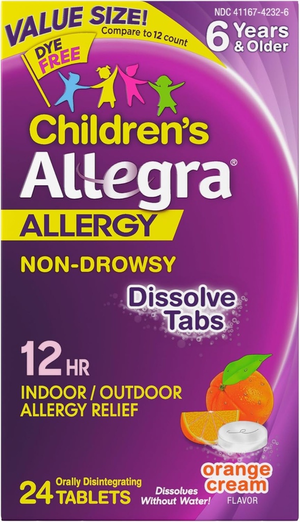 Allegra Children 's 12-Hour Relief HCI Dissoling Tablet, Non- Drowsy Indoor and Outdoor Allergy Medicine, 30 mg Fexenadine Antihistamin untuk Kids, Orange Cream Flavor, 24- Count