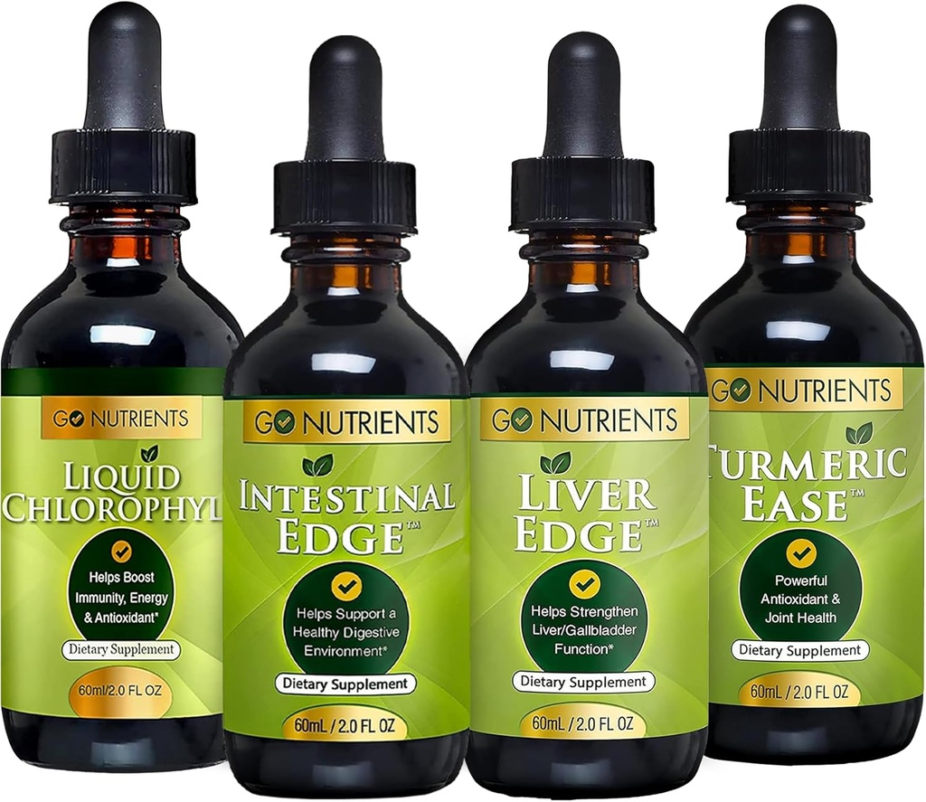 Go Nutrients Ditraffic & Detox Bundle - Clorophyll Liquid, Liver Edge, Intestinal Edge, Turmeric Ease - Pendukung Membersihkan, Gangguan, Kesehatan Hati, dan Pertahanan Tubuh, Revitalisasi Skin & Vitalitas