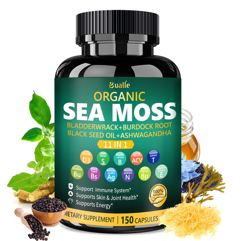 Bualle Irish Sea Moss Capsules - Organic Sea Moss, Black Seed Oil, Ashwagandha Suplemen Bladderwrack, Ginger & Burdock Root - Supports Daily Wellness, Skin & Energy - 150 Capsules (1 Pack)