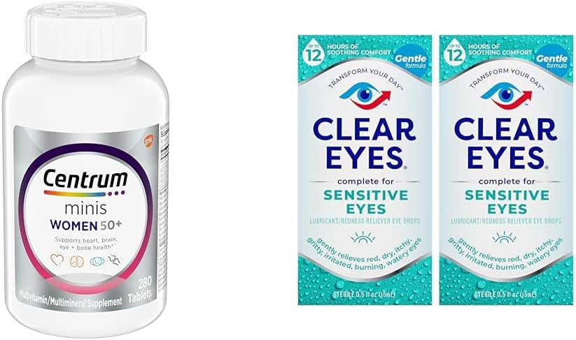 Sentrum Minis Silver Women 's Multivitamin for Women 50 Plus, Multimineral Suplemen dengan Vitamin D3, B Vitamin, Ingredians Non-GMO, Pendukung Memori dan Kelainan di Dewasa Lama - 280 Ct & Clear Mata, Sensitive Eyes, Eye Drops, 0.5 Oz, 2 Pack