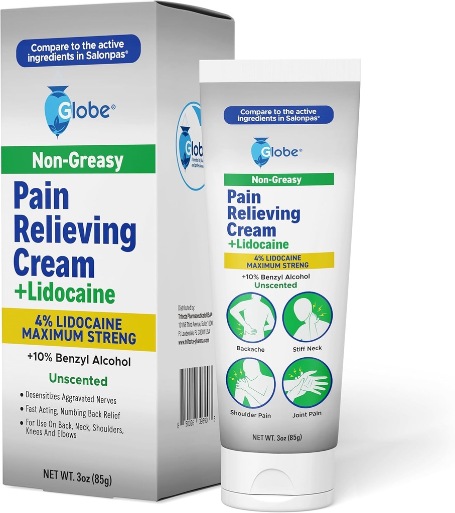 Globe Pain Relifeing Cream Plus 4% Lidocaine, Maximum Stringing Nucher Relief, Fast Acting Topical Therapy for Muscle Aches, Joint Paches, Backache, Neck Pain, Soreness, Spasms & Spasms, Unscented, 3oz