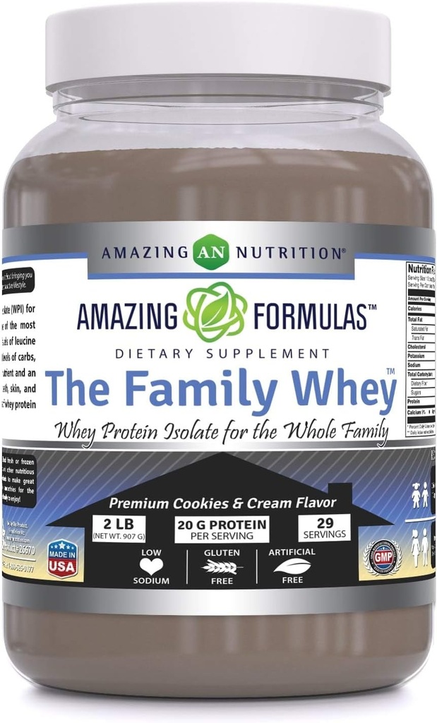 Amazing Formula The Family Whey Protein (Isolasi) Powder untuk The Whole Family - 2 lbs - Paling Lengkap & Pure Bentuk Protein - Gluten Bebas (Cookie & Cream)