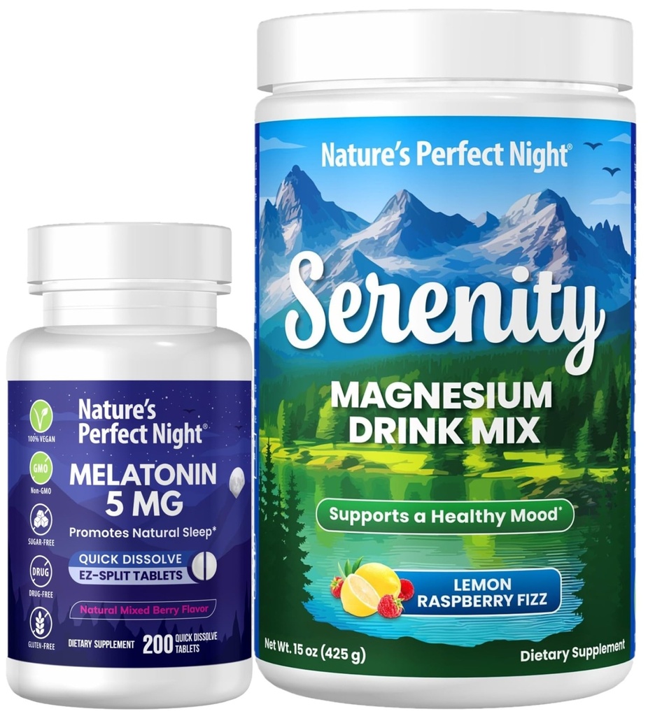 Nature 's Perfect Night Melonatin 5mg Quick Dissolve Berry 200 Count dengan Serenity Magnesium Powder 15 oz Lemon Raspberry