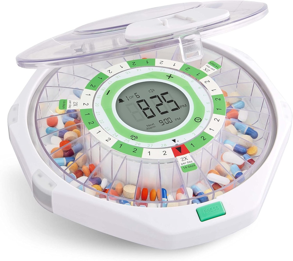 Live Fine 28-Day Otomatis Pill Dispenser Frosted Lid dengan Upgraded LCD Tampilan dan Key Lock, Suara & Light untuk Prescriptions, Medication, Vitamin, Suplemen & More