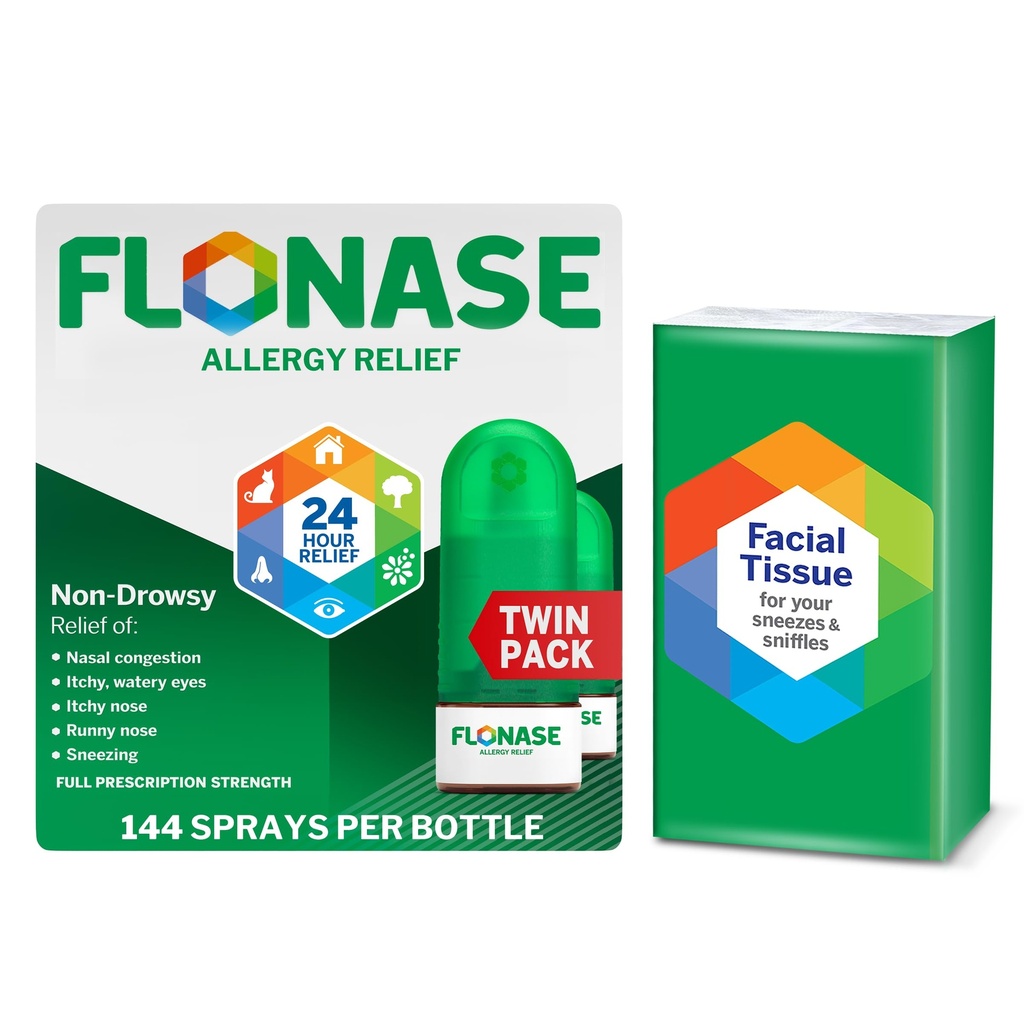 Flonase Allergy Relief Nasal Spray, 24-Hour Non-Drowsy Multi-Symptom Relief � 144 Sprays (Pack of 2) plus Bonus Pack of Tissues
