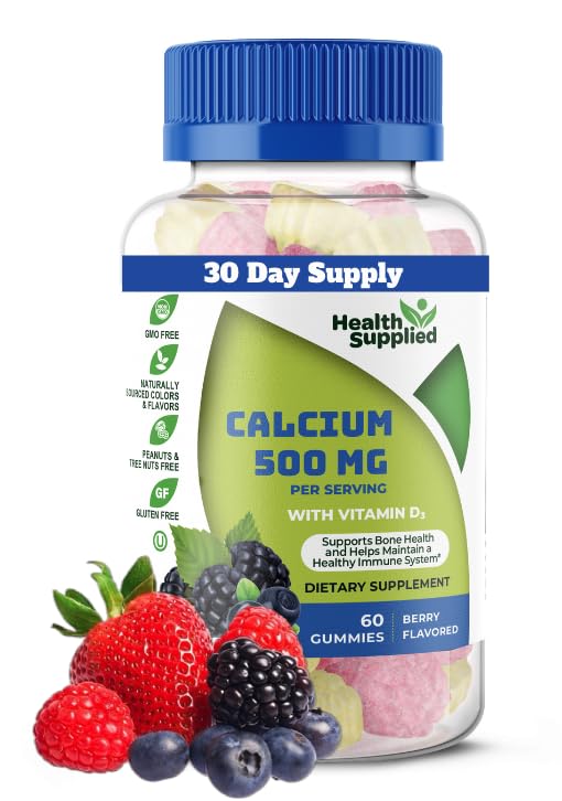 Calcium 500mg dengan Vitamin D3 1000 IU Gummies: 124; Daily Dietary Suplement Amore, Bone Strose, Growth, Teeth 124. untuk Dewasa, Remaja, Anak-anak Besar Tasting Natural Berry Flavor Vitamin Gummy