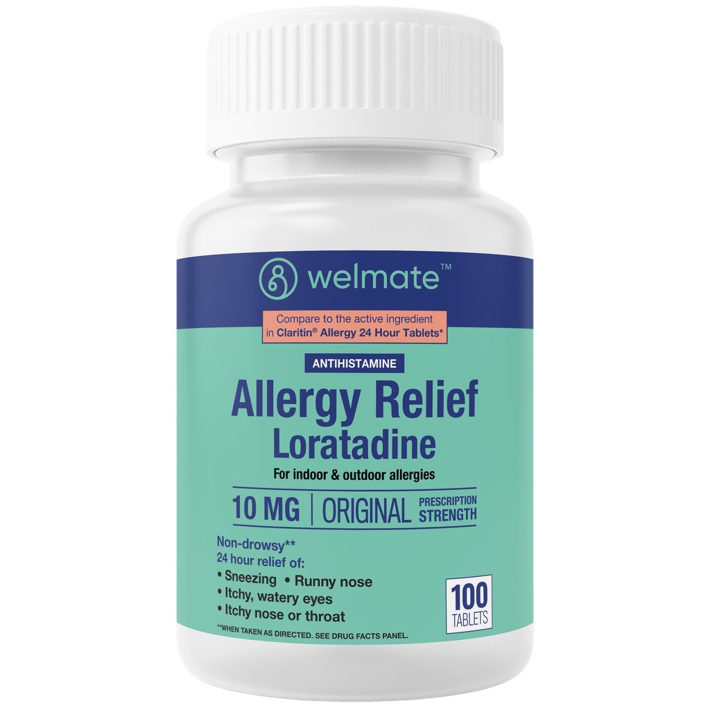 Relief WelMATE - Allergy - Loratadine 10 mg - 24 Hour Relief Antihistamin - Non Drowsy - Runny Nose - Sneezing - Itchy Nose & Throat - Mata Mata-Dalam & Outdoor Allergy Medication - 100 Count
