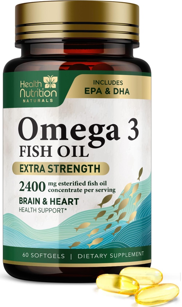 Omega 3 Minyak Ikan 2400 mg - Triple Kekuatan Omega- 3 Suplemen - Natural Heart Health & Imune Dukungan - Acids Gendut dengan EPA & DHA - Wild Caught Purified Fish Oil Suffels - 60 Softgels
