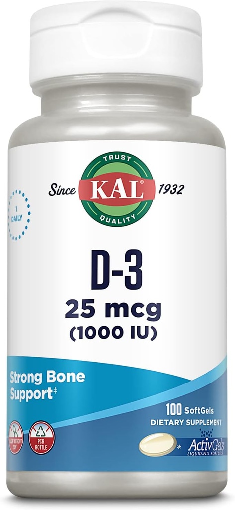 KAL Vitamin D3 1000 IU Softgels (25 mcg), Formasi Aktif Vitamin D, Calcium Absorpsi, Kesehatan Tulang, Suplemen Dukungan Imune, AktivGel Film Film, Dibuat Tanpa Soy, 100 Pelayan, 100 Softgeels